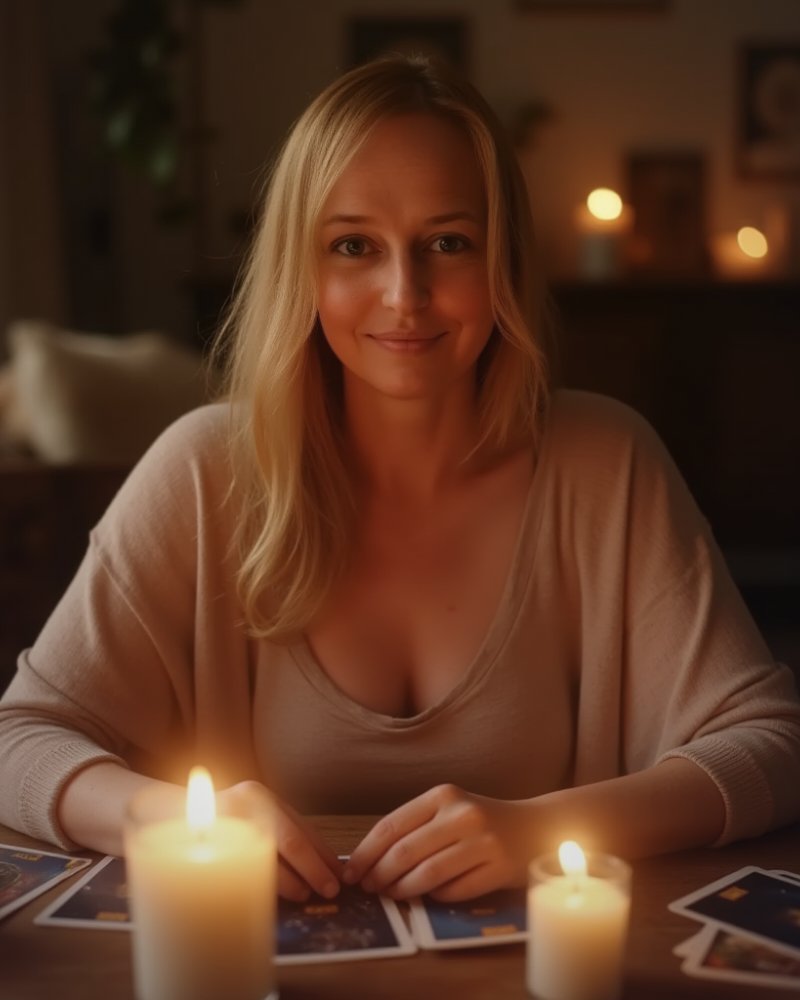 Simone, die Sternenleserin, mit Karten im Kerzenlicht