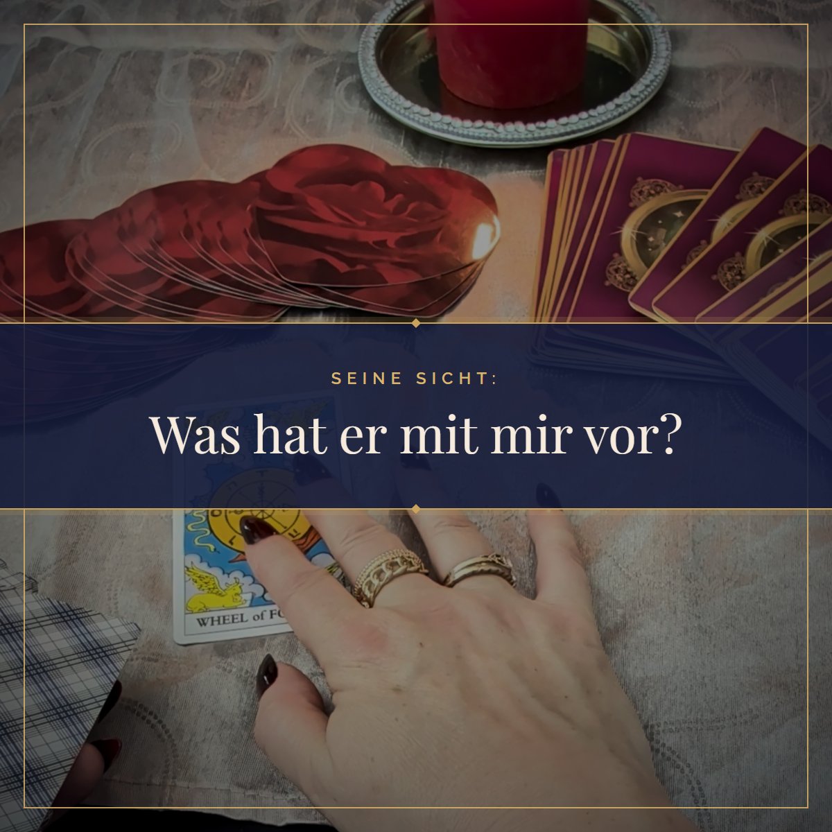 Was hat er mit mir vor? Hand auf dem Rad des Schicksals mit Kerze und Rosen